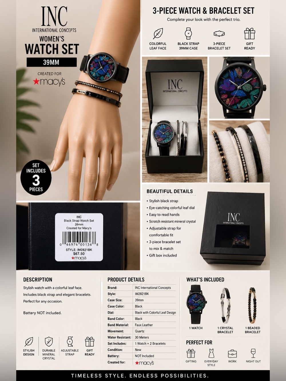 Women's Black Strap Watch 39mm‎ Set, Created for Macy's NEW